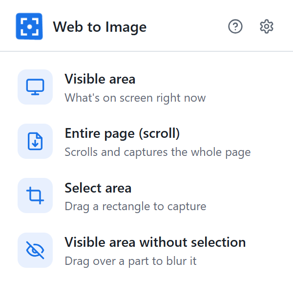 The Web to Image menu with Visible area, Entire page, Select area and Visible area without selection