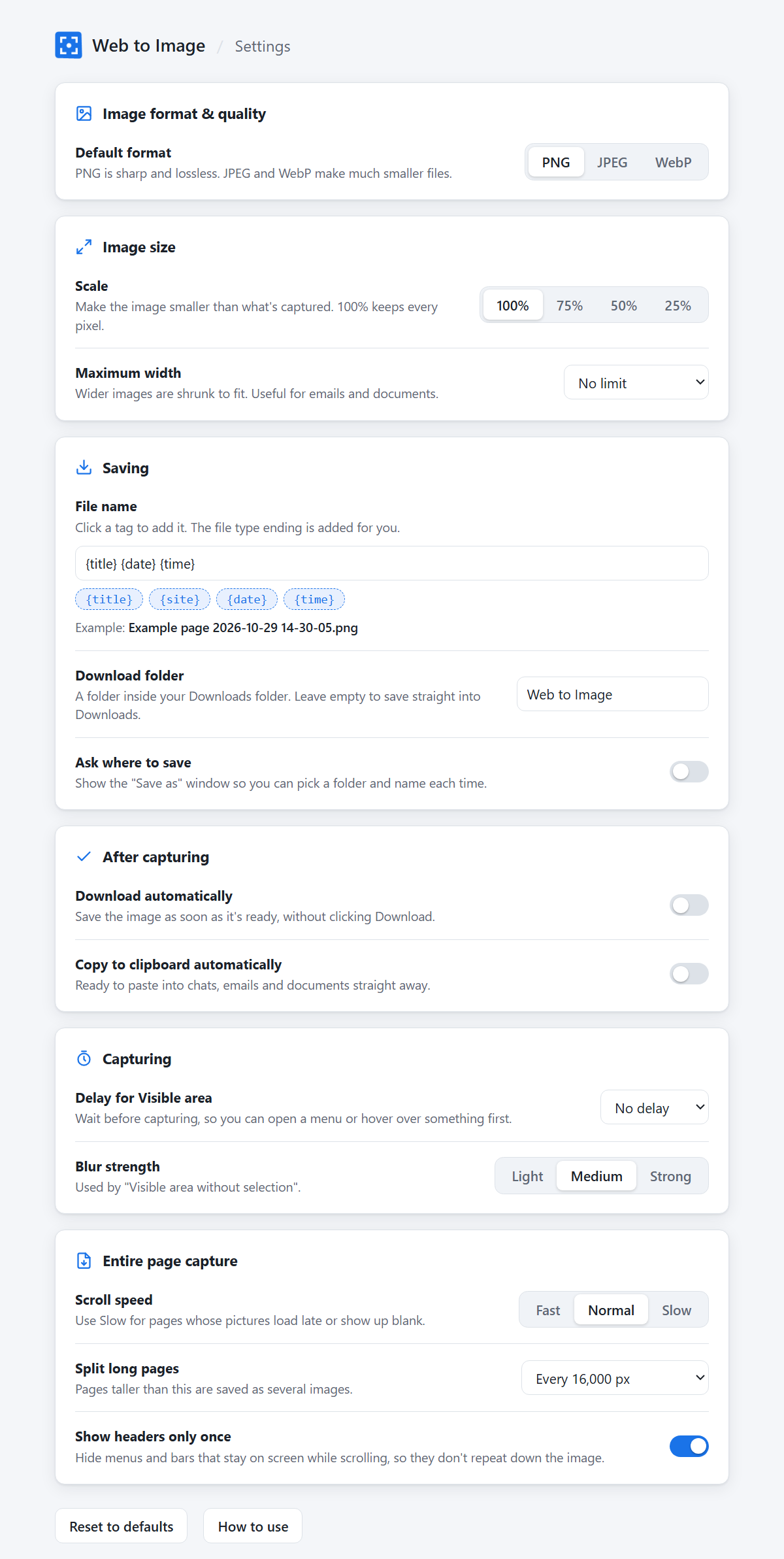 The Web to Image settings page